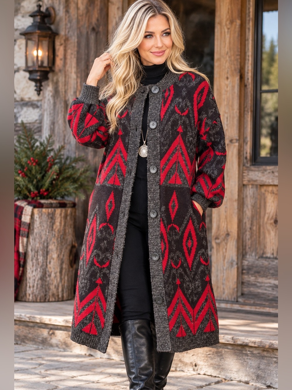 Vintage Made in Australia Longline Wool Blend Cardigan Red & Charcoal Geometric